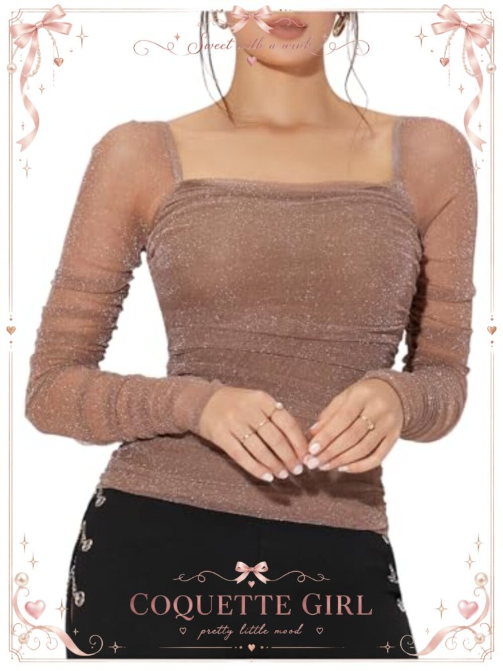 Mesh Ruched Square Neck Glitter Long Sleeve Sheer Blouse Date Night Top